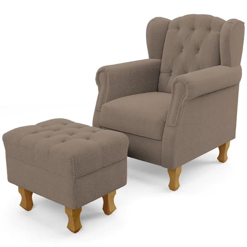 Poltrona de Amamentação Yara P02 Com Puff Paris Luis Xv L02 Bouclê Bege - Lyam Decor