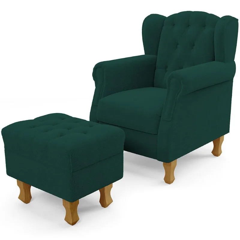 Poltrona de Amamentação Yara P02 Com Puff Paris Luis Xv L02 Bouclê Verde - Lyam Decor