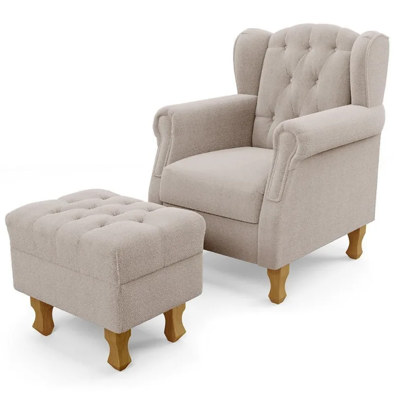 Poltrona De Amamentação Yara P02 Com Puff Paris Luis Xv L02 Bouclê Creme - Lyam Decor