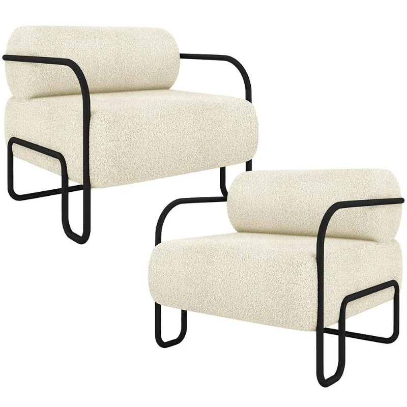 Kit 02 Poltronas Decorativa Pés Industrial Moscou K01 Bouclê Creme - Lyam Decor - Lyam Decor