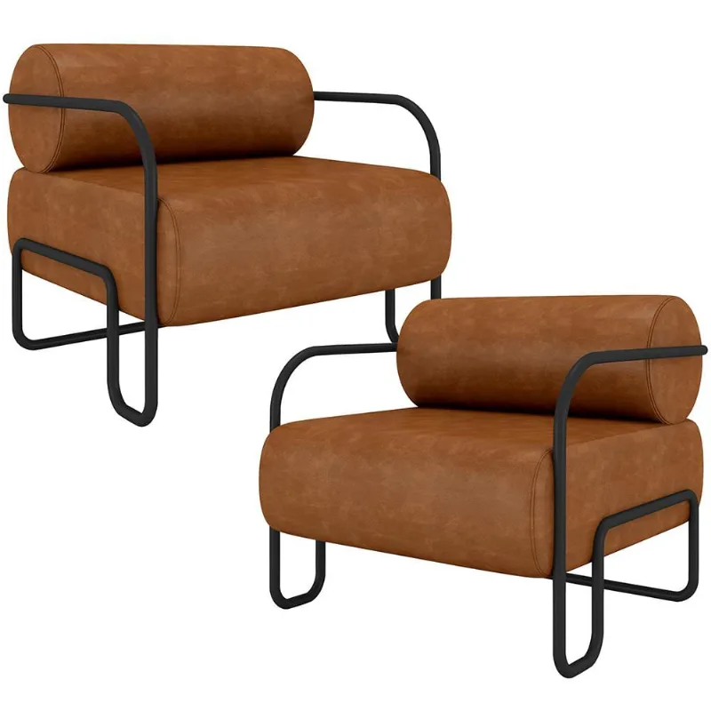 Kit 02 Poltronas Decorativa Pés Industrial Moscou K01 Couríssimo Caramelo - Lyam Decor - Lyam Decor