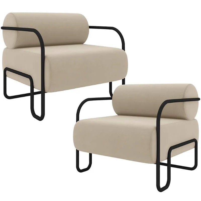 Kit 02 Poltronas Decorativa Pés Industrial Moscou K01 Veludo Bege - Lyam Decor - Lyam Decor