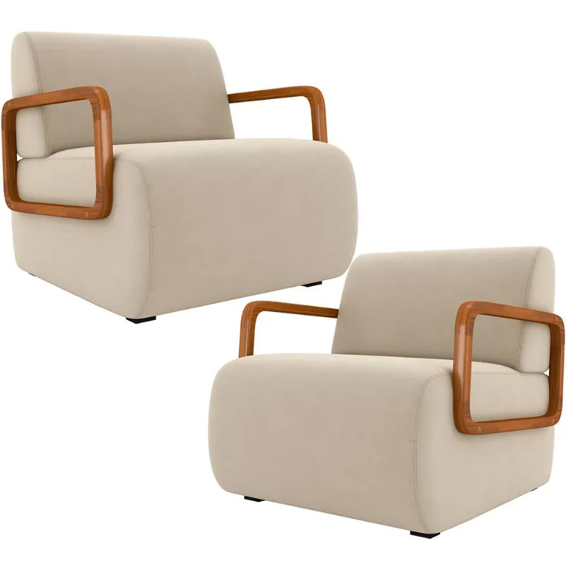 Kit 02 Poltronas Decorativa Orgânica Bruxelas K01 Veludo Bege - Lyam Decor - Lyam Decor
