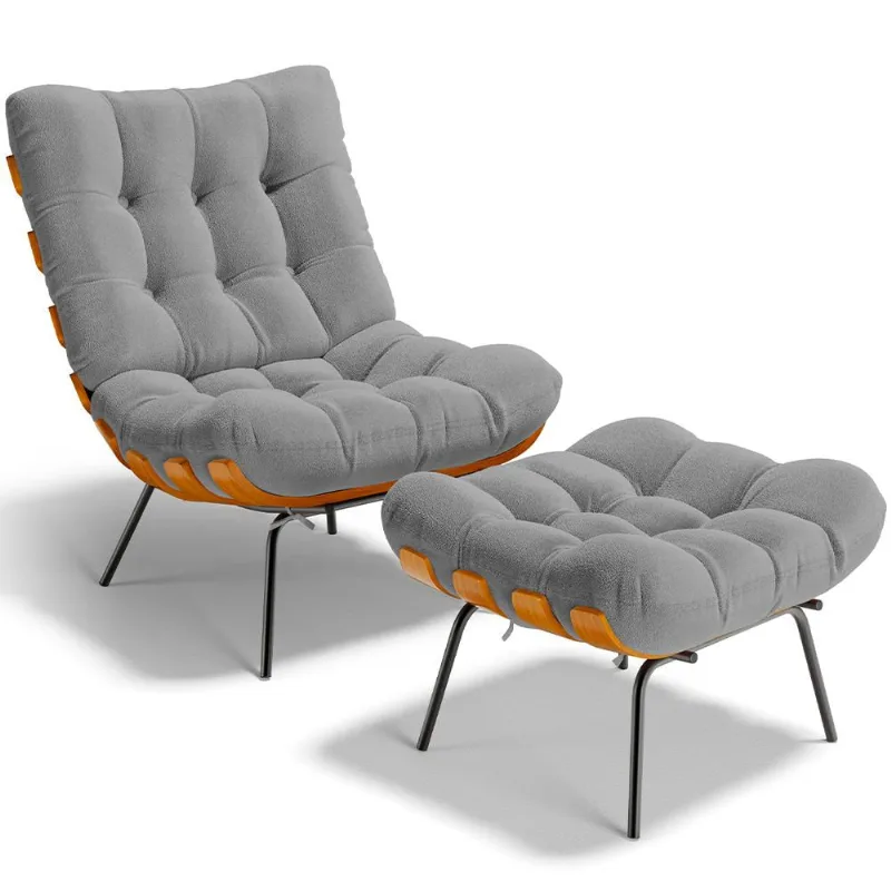 Poltrona Costela L02 com Puff Sala de Estar Bouclê Cinza - Lyam Decor
