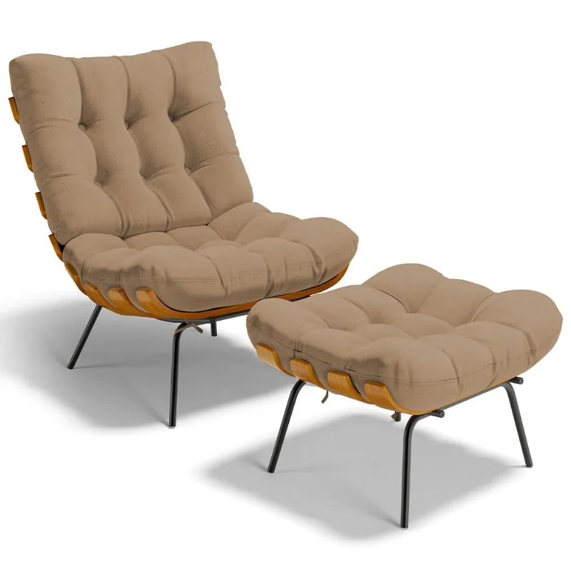 Poltrona Costela L02 com Puff Sala de Estar Linho Bege Escuro - Lyam Decor