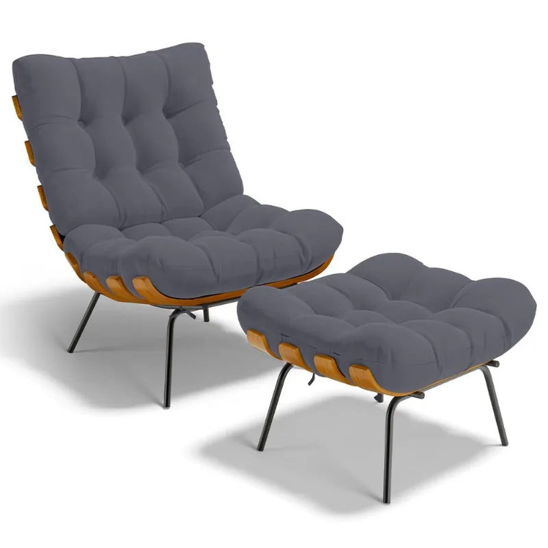 Poltrona Costela L02 com Puff Sala de Estar Suede Cinza - Lyam Decor