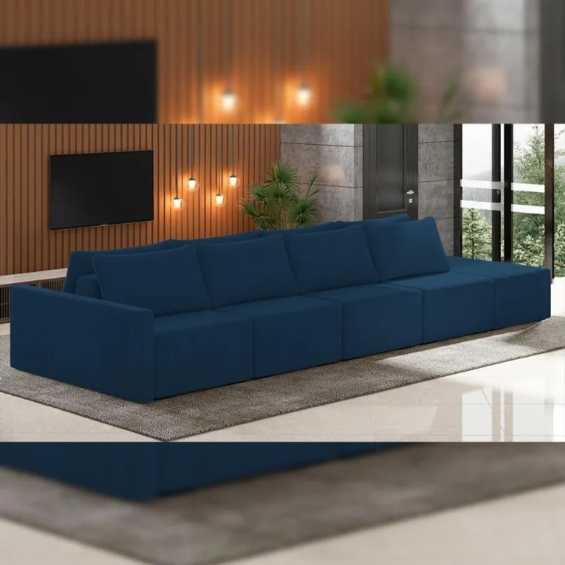 Sofá Ilha Modular Para Sala 392cm com Puff Dublin K01 Veludo Azul Marinho - Lyam Decor