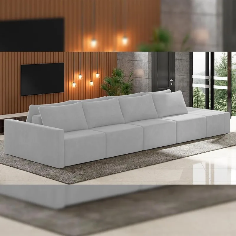 Sofá Ilha Modular Para Sala 392cm com Puff Dublin K01 Veludo Cinza - Lyam Decor - Lyam Decor