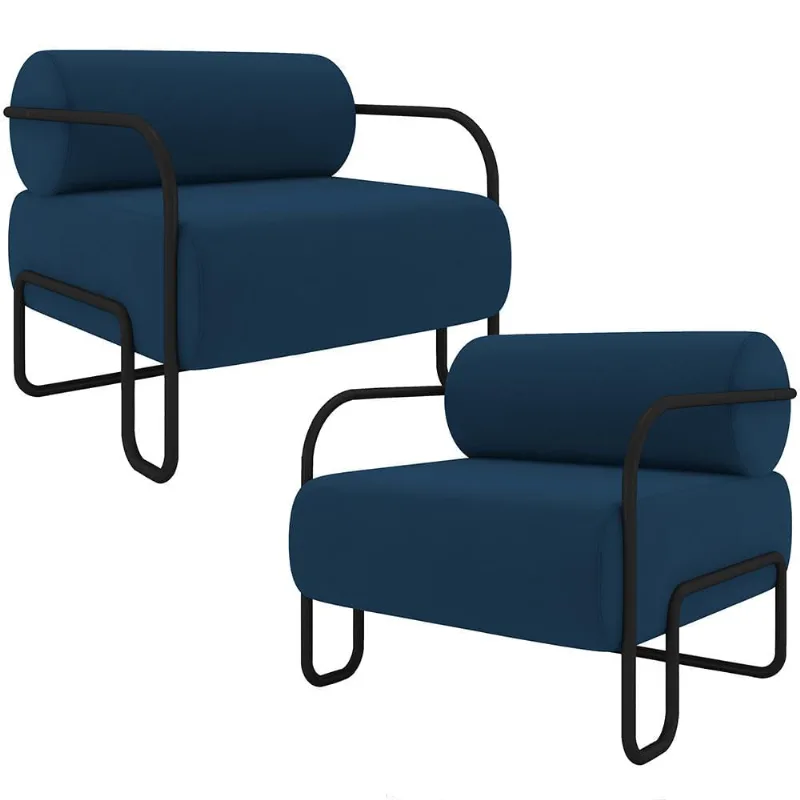 Kit 02 Poltronas Decorativa Pés Industrial Moscou K01 Veludo Azul Marinho - Lyam Decor - Lyam Decor