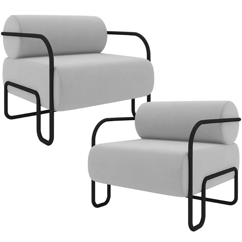 Kit 02 Poltronas Decorativa Pés Industrial Moscou K01 Veludo Cinza - Lyam Decor - Lyam Decor