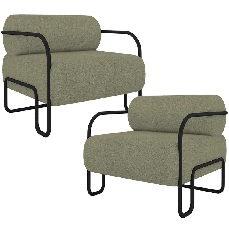 Kit 02 Poltronas Decorativa Pés Industrial Moscou K01 Bouclê Verde - Lyam Decor - Lyam Decor