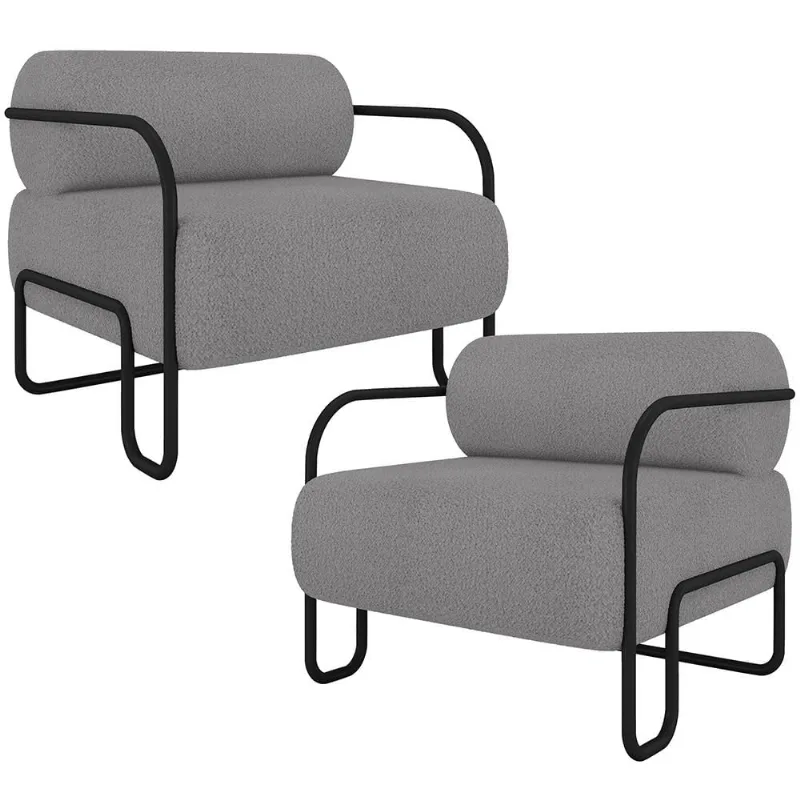 Kit 02 Poltronas Decorativa Pés Industrial Moscou K01 Bouclê Cinza - Lyam Decor - Lyam Decor