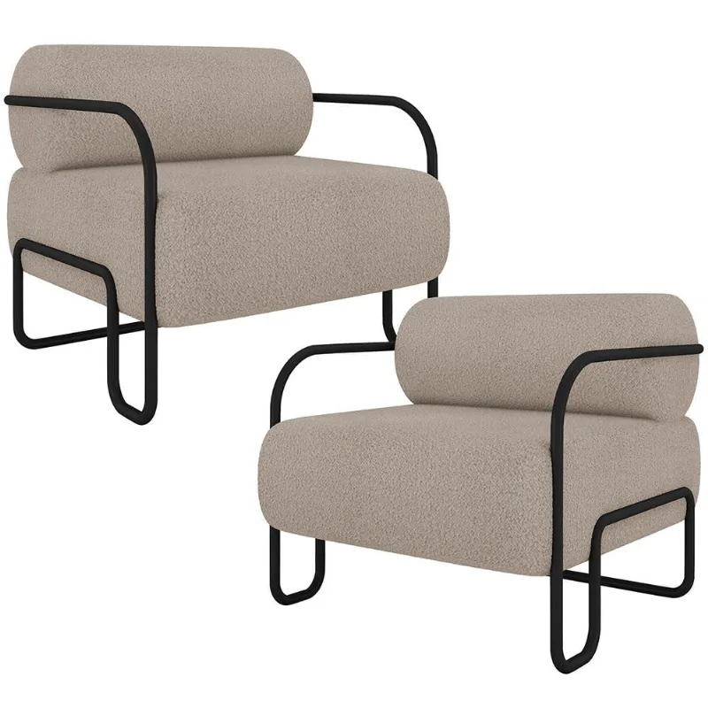 Kit 02 Poltronas Decorativa Pés Industrial Moscou K01 Bouclê Bege - Lyam Decor - Lyam Decor