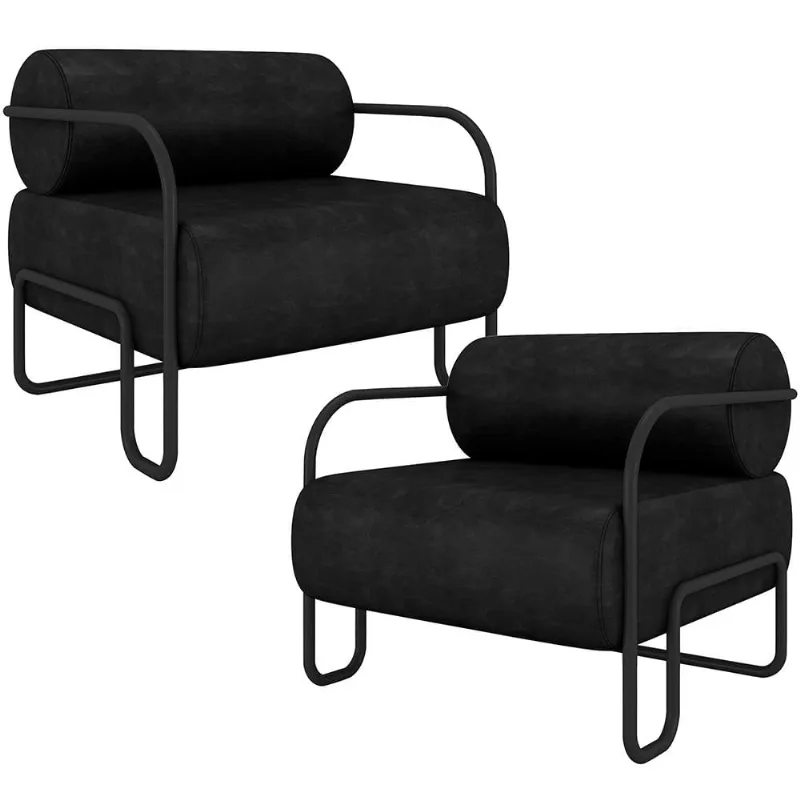 Kit 02 Poltronas Decorativa Pés Industrial Moscou K01 Couríssimo Preto - Lyam Decor - Lyam Decor