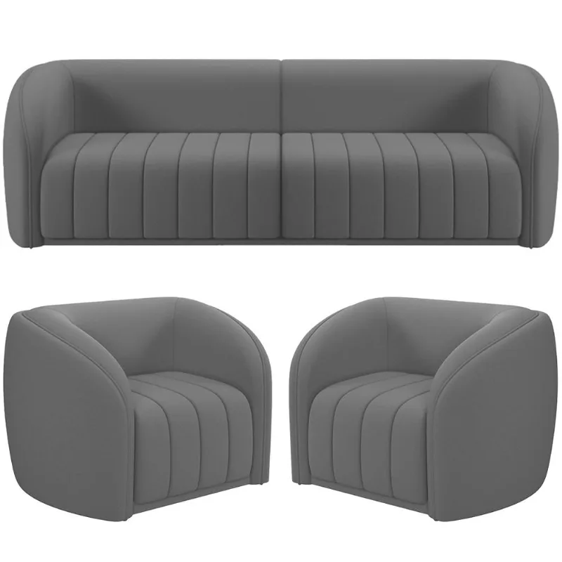 Kit Sofá 04 Lugares Para Sala Estar 292 cm Com 02 Poltronas Lazio M03 Veludo Cinza - Lyam Decor - Lyam Decor