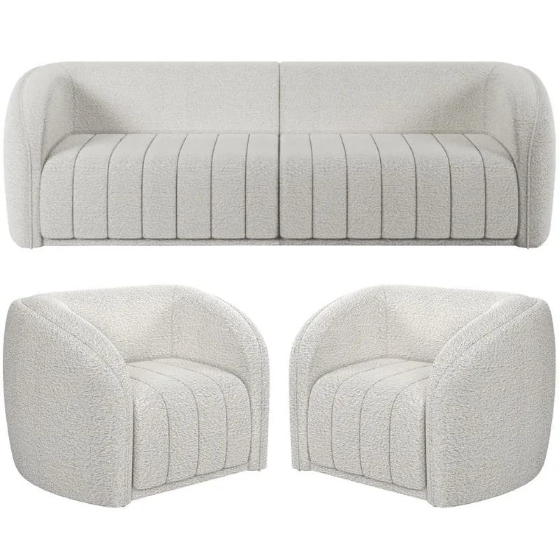 Kit Sofá 5 Lugares Para Sala 332cm com 02 Poltronas Lazio M03 Bouclê Branco - Lyam Decor - Lyam Decor