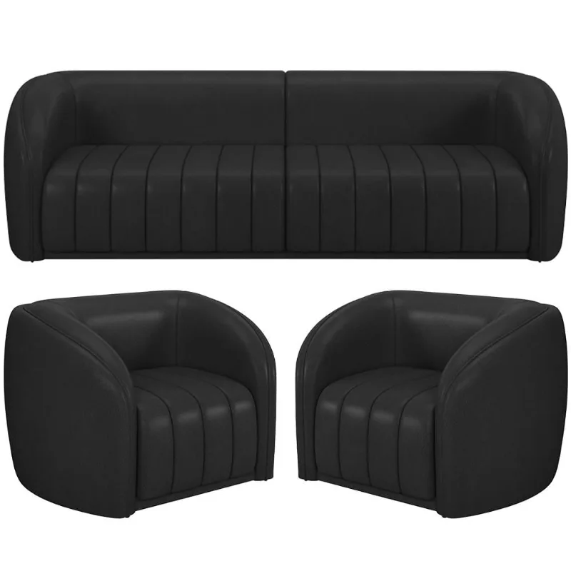 Kit Sofá 4 Lugares Para Sala de Estar 332 cm Com 01 Poltrona Lazio M03 Corano Preto - Lyam Decor - Lyam Decor