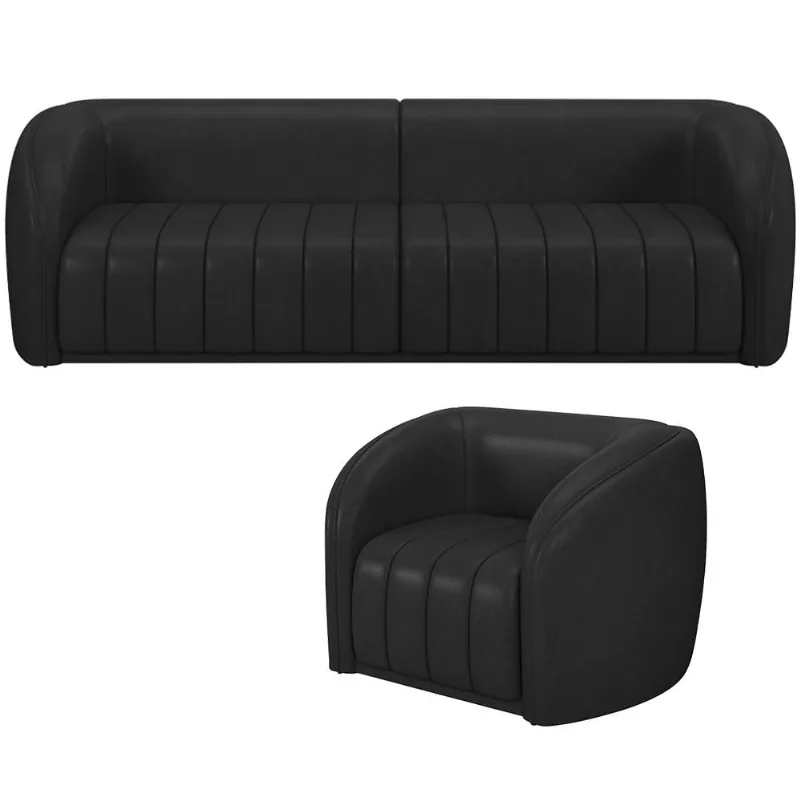 Kit Sofá 5 Lugares Para Sala de Estar 332 cm Com 01 Poltrona Lazio M03 Corano Preto - Lyam Decor - Lyam Decor