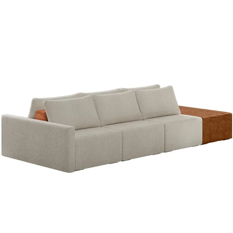 Sofá Ilha Modular Para Sala 312cm com Puff Dublin K01 Bouclê Creme Sintético Caramelo - Lyam Decor