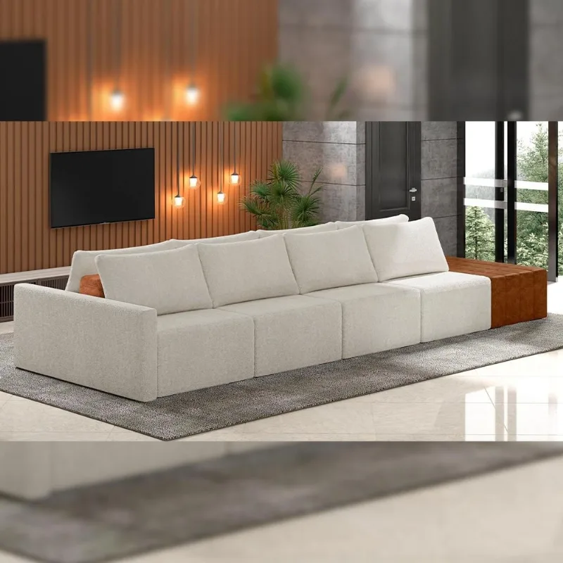 Sofá Ilha Modular Para Sala 392cm com Puff Dublin K01 Bouclê Creme Sintético Caramelo - Lyam Decor