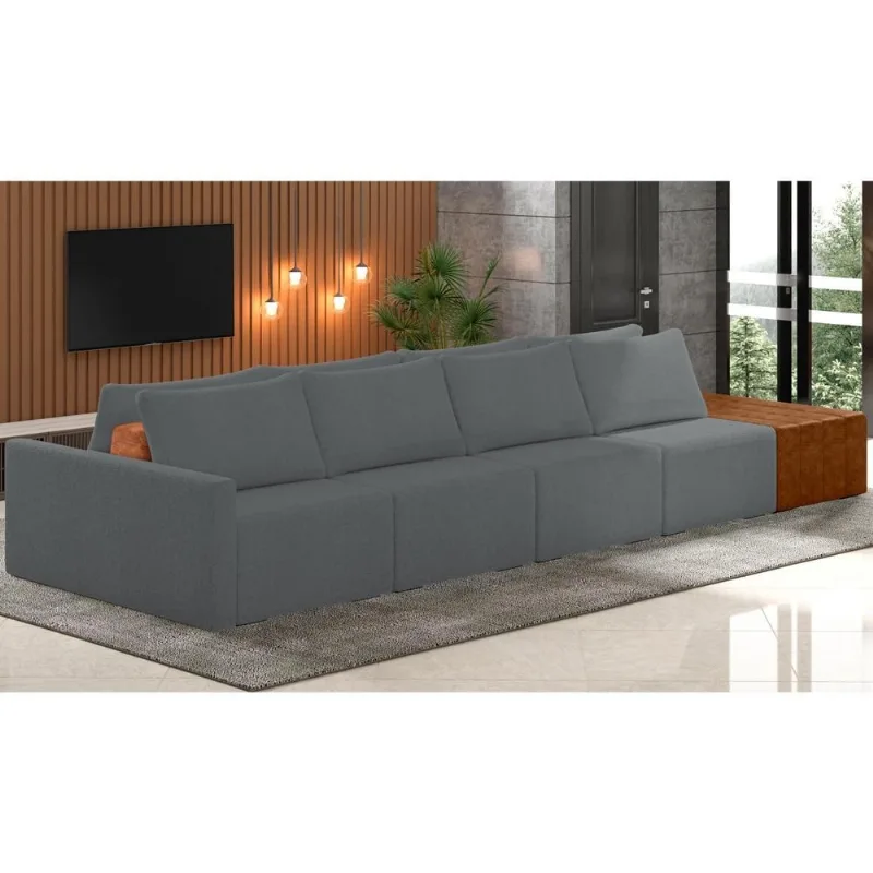 Sofá Ilha Modular Para Sala 392cm com Puff Dublin K01 Bouclê Cinza Sintético Caramelo - Lyam Decor