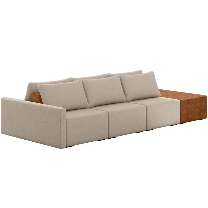 Sofá Ilha Modular Para Sala 342cm com Puff Dublin K01 Linho Bege Sintético Caramelo - Lyam Decor