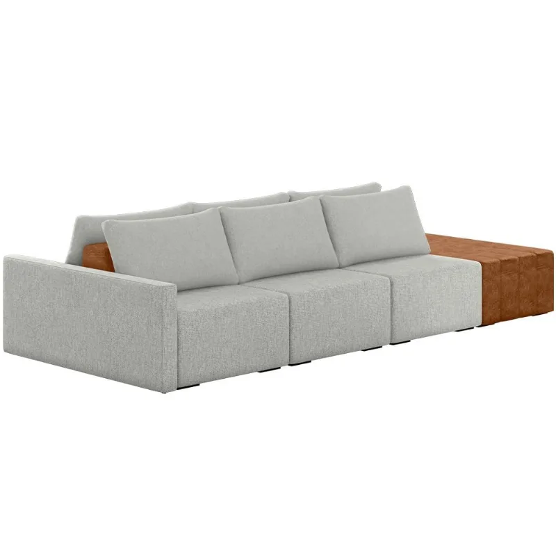 Sofá Ilha Modular Para Sala 342cm com Puff Dublin K01 Linho Cinza Sintético Caramelo - Lyam Decor