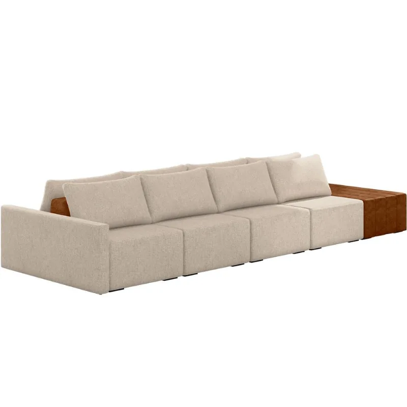 Sofá Ilha Modular Para Sala 392cm com Puff Dublin K01 Linho Bege Sintético Caramelo - Lyam Decor