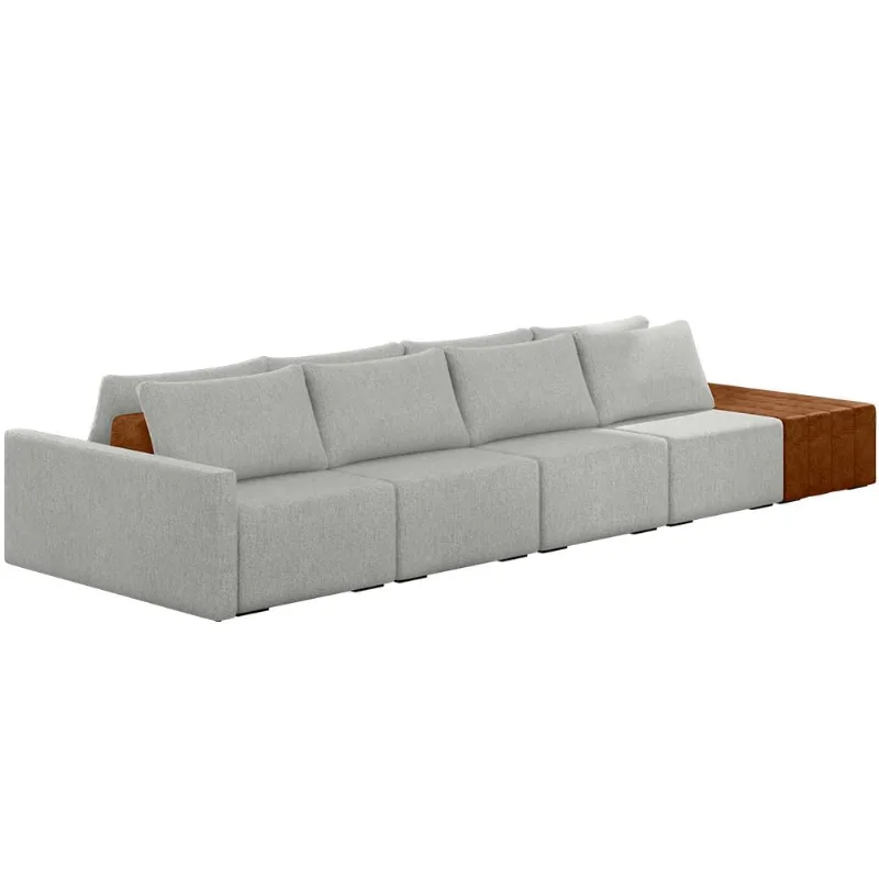 Sofá Ilha Modular Para Sala 432cm com Puff Dublin K01 Linho Cinza Sintético Caramelo - Lyam Decor