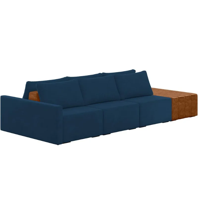 Sofá Ilha Modular Para Sala 342cm com Puff Dublin K01 Veludo Azul Sintético Caramelo - Lyam Decor