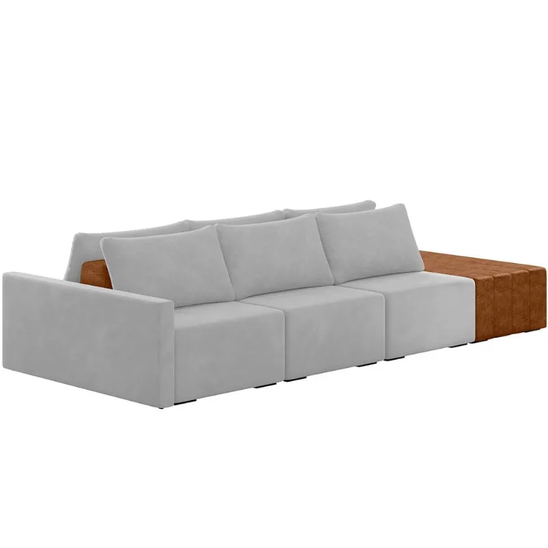 Sofá Ilha Modular Para Sala 342cm com Puff Dublin K01 Veludo Cinza Sintético Caramelo - Lyam Decor