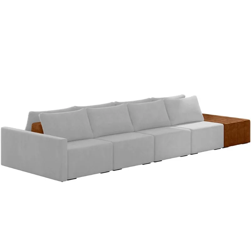 Sofá Ilha Modular Para Sala 432cm com Puff Dublin K01 Veludo Cinza Sintético Caramelo - Lyam Decor