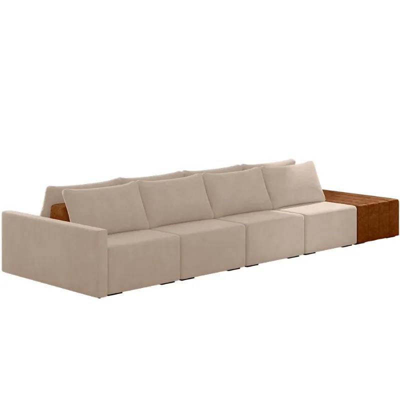 Sofá Ilha Modular Para Sala 392cm com Puff Dublin K01 Veludo Bege Sintético Caramelo - Lyam Decor