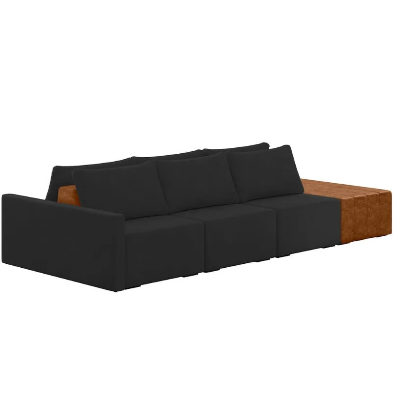 Sofá Ilha Modular Para Sala 342cm com Puff Dublin K01 Veludo Preto Sintético Caramelo - Lyam Decor