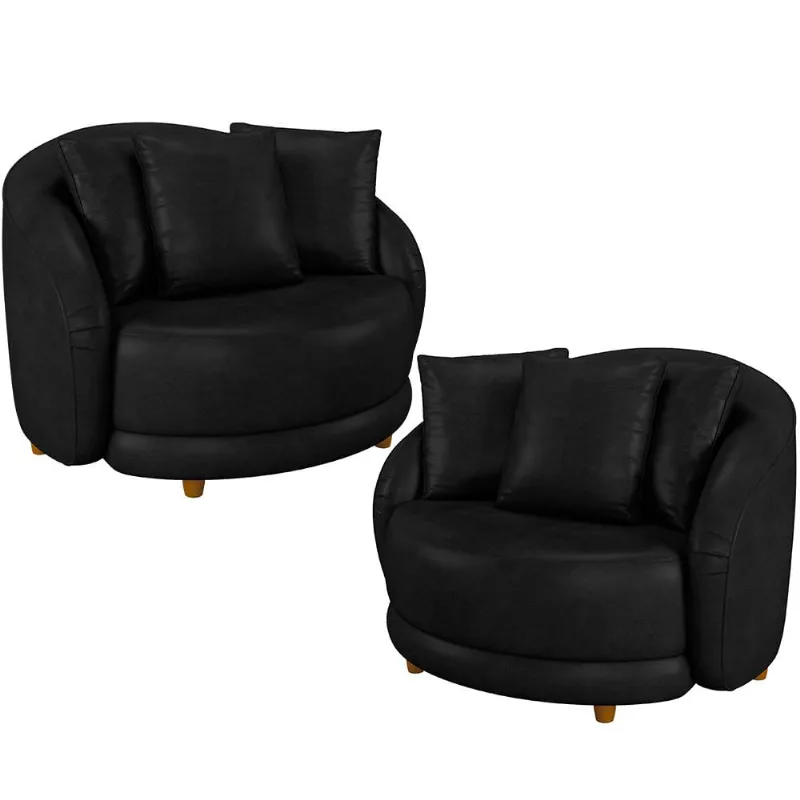 Kit 02 Poltronas Decorativas Para Sala de Estar Base Fixa Pés Madeira Witta M03 Couríssimo Preto - Lyam Decor - Lyam Decor