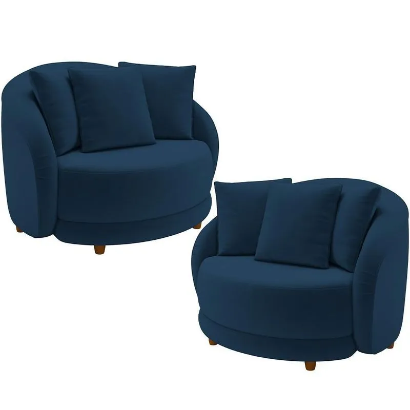 Kit 02 Poltronas Decorativas Base Fixa Pés Madeira Witta M03 Veludo Azul - Lyam Decor