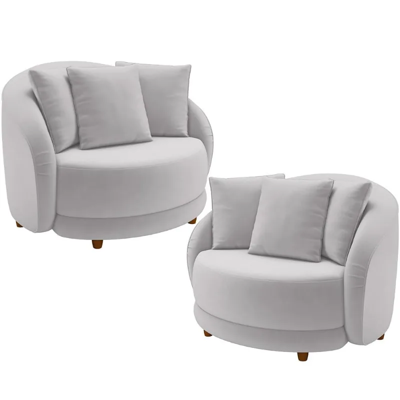 Kit 02 Poltronas Decorativas Para Sala de Estar Base Fixa Pés Madeira Witta M03 Veludo Cinza - Lyam Decor - Lyam Decor