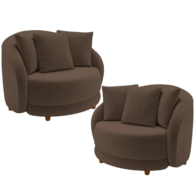 Kit 02 Poltronas Decorativas Para Sala de Estar Base Fixa Pés Madeira Witta M03 Veludo Marrom - Lyam Decor - Lyam Decor