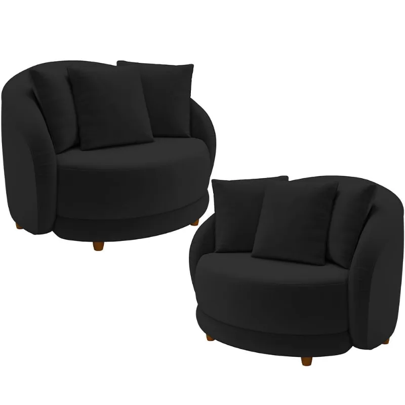 Kit 02 Poltronas Decorativas Para Sala de Estar Base Fixa Pés Madeira Witta M03 Veludo Preto - Lyam Decor - Lyam Decor