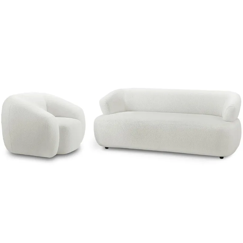 Kit Sofá 3 Lugares Para Sala 198cm Com 01 Poltrona Orgânica Florea M05 Bouclê Creme - Lyam Decor - Lyam Decor
