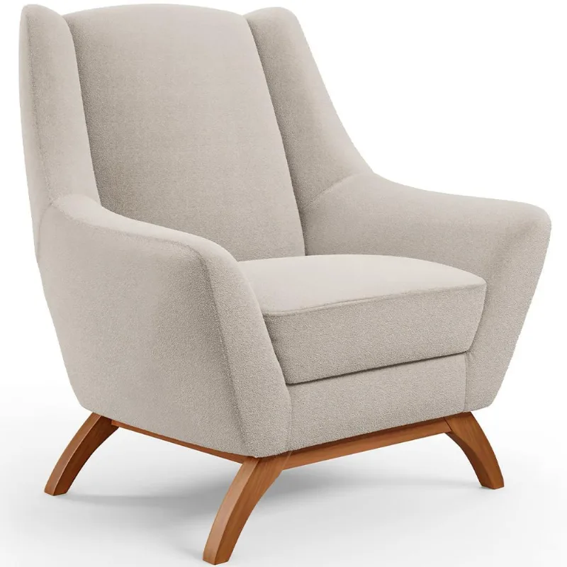 Poltrona Decorativa Fixa Base de Madeira Castanho Juliet D02 Bouclê Creme B-54 - Lyam Decor - Lyam Decor