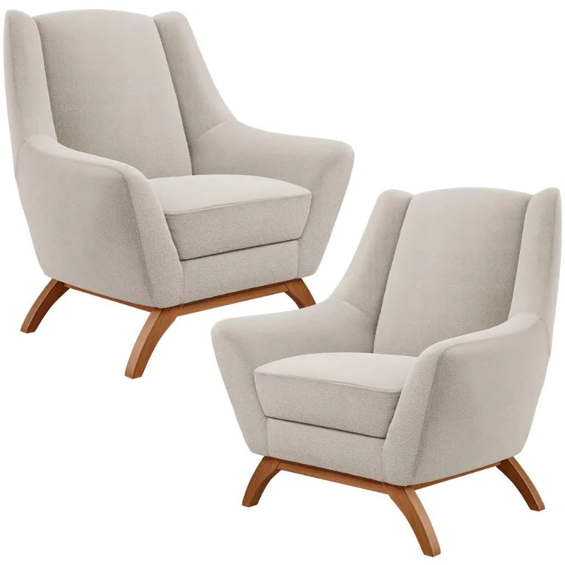 Kit 02 Poltronas Decorativa Fixa Base de Madeira Castanho Juliet D02 Bouclê Creme B-54 - Lyam Decor - Lyam Decor