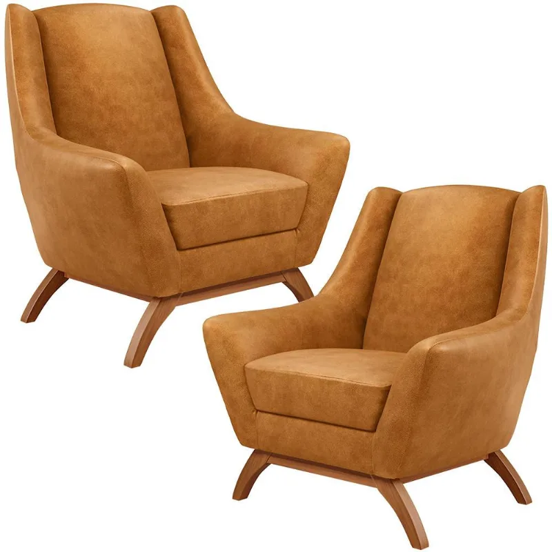 Kit 02 Poltronas Decorativa Fixa Base de Madeira Castanho Juliet D02 Couríssimo Whisky B-90 - Lyam Decor - Lyam Decor