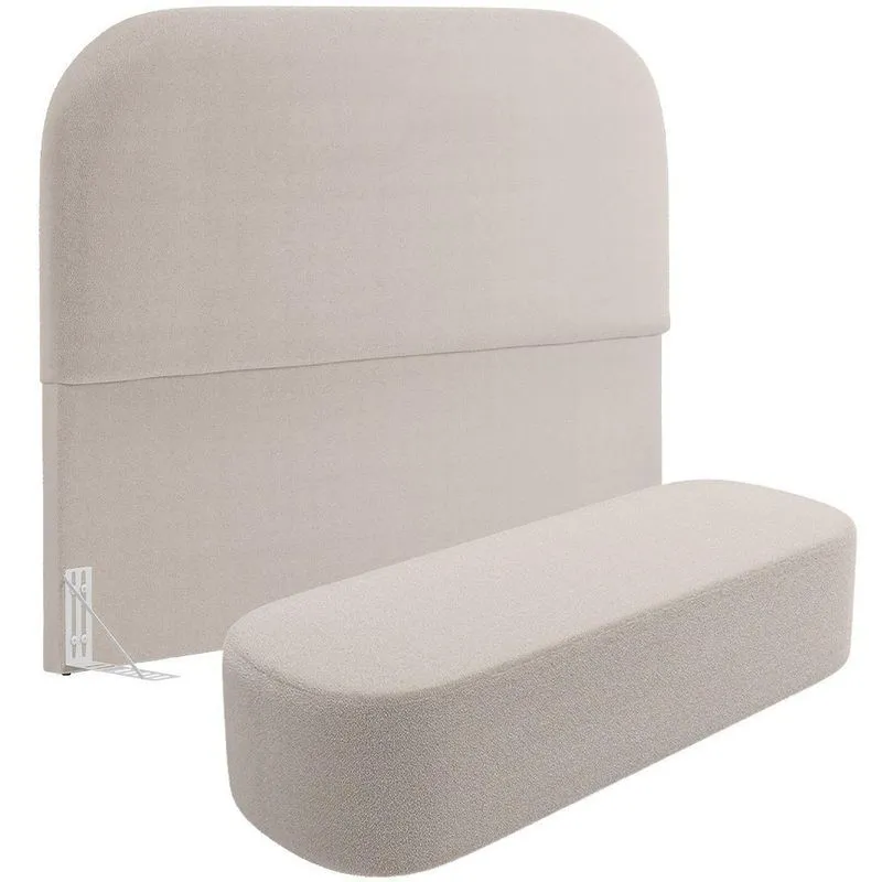 Cabeceira Cama Box Casal 140cm Lanna Com Puff Recamier Doha W01 Bouclê Creme - Lyam Decor
