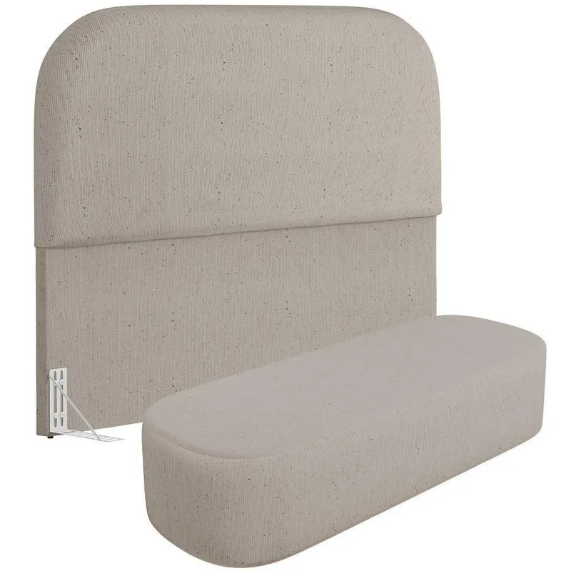 Cabeceira Cama Box King 195cm Lanna Com Puff Recamier Doha W01 Linho Bege - Lyam Decor