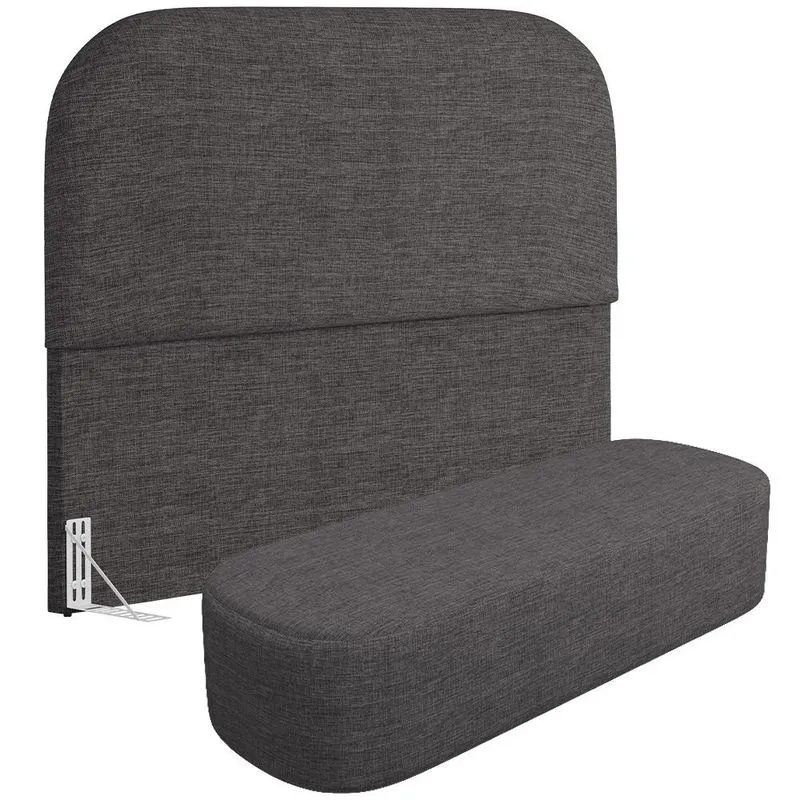 Cabeceira Cama Box Casal 140cm Lanna com Puff Recamier Doha W01 Linho Cinza Escuro - Lyam Decor