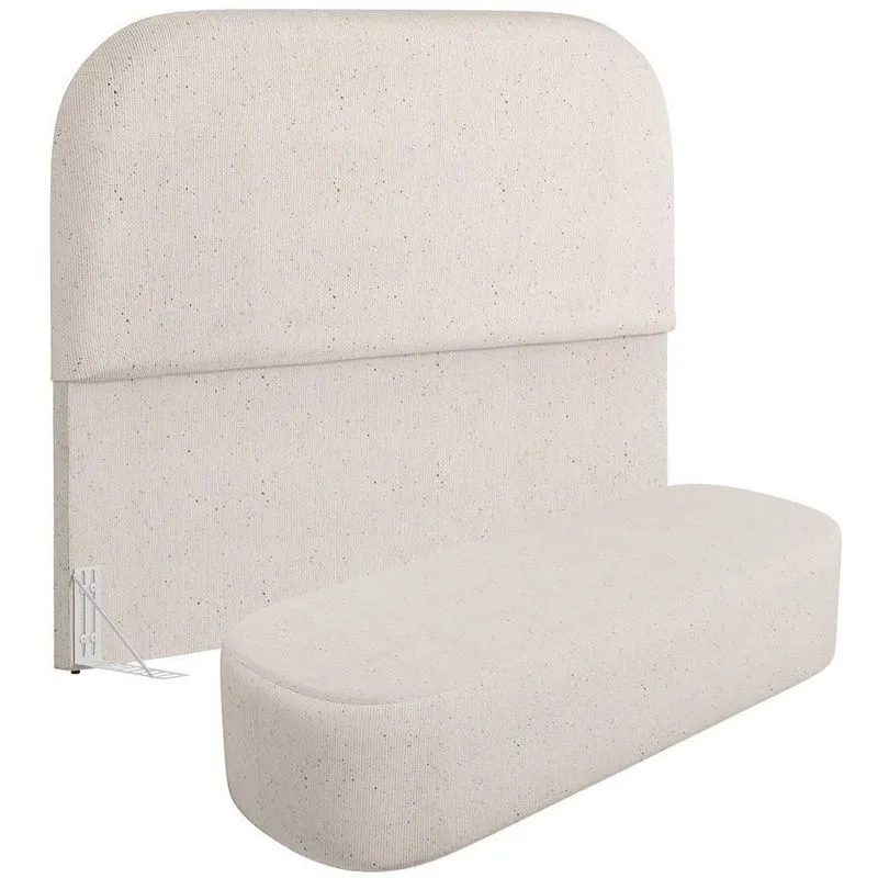 Cabeceira Cama Box King 195cm Lanna Com Puff Recamier Doha W01 Linho Cru - Lyam Decor
