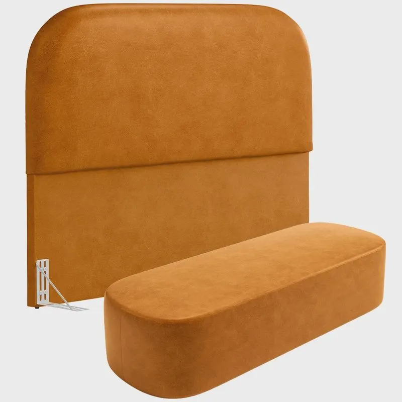 Cabeceira Cama Box King 195cm Lanna com Puff Recamier Doha W01 Couríssimo Whisky - Lyam Decor
