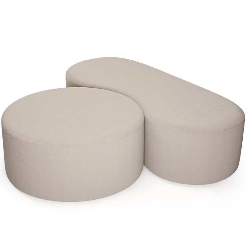 Kit Puff Redondo Lola e Puff Recamier Orgânico Orbit W01 Bouclê Creme - Lyam Decor