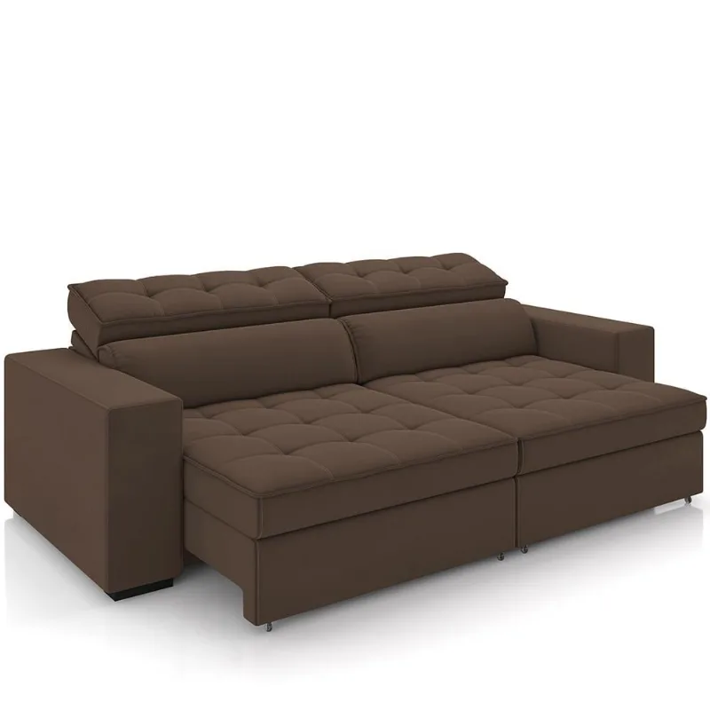 Sofá Retrátil Reclinável Para Sala de Estar Living 246cm Clara M03 Veludo Marrom - Lyam Decor